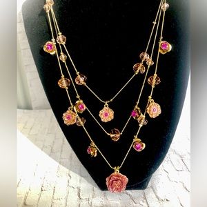 Betsey Johnson Three Strand Gold & Pink Flower Necklace
